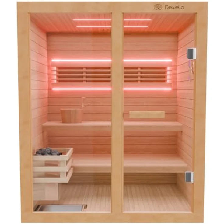 Dewello Sauna TOFINO 160x150 Finnische Sauna, 3 Personen, Saunaofen Harvia 4,5KW, Hemlock-Tannenholz, leichter Aufbau – Bild 6