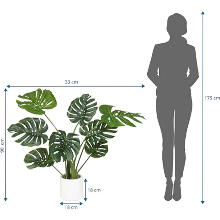 hjh OFFICE Kunstpflanze 90cm Monstera I Künstliche Deko Pflanze im weißen Topf, Tropischer Kunstbaum für Zuhause Büro, 8 Blätter – Bild 4