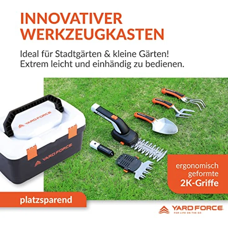 Yard Force VITA Werkzeugkoffer mit 4V / 4Ah Akku, Akku Gras und Strauchschere, Handschaufel, Handgrubber, Handgrabgabel, HX V05S, Weiß – Bild 3