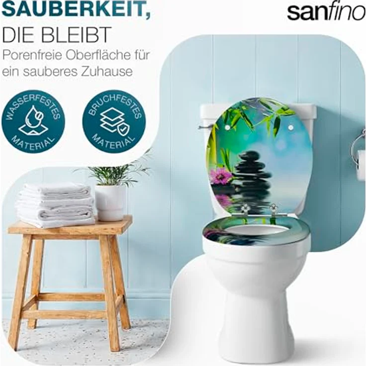Sanfino WC Sitz Asia ll, Toilettendeckel aus Holz mit Absenkautomatik, türkis-blaues Design mit Motiv, verchromte Metallscharniere – Bild 3