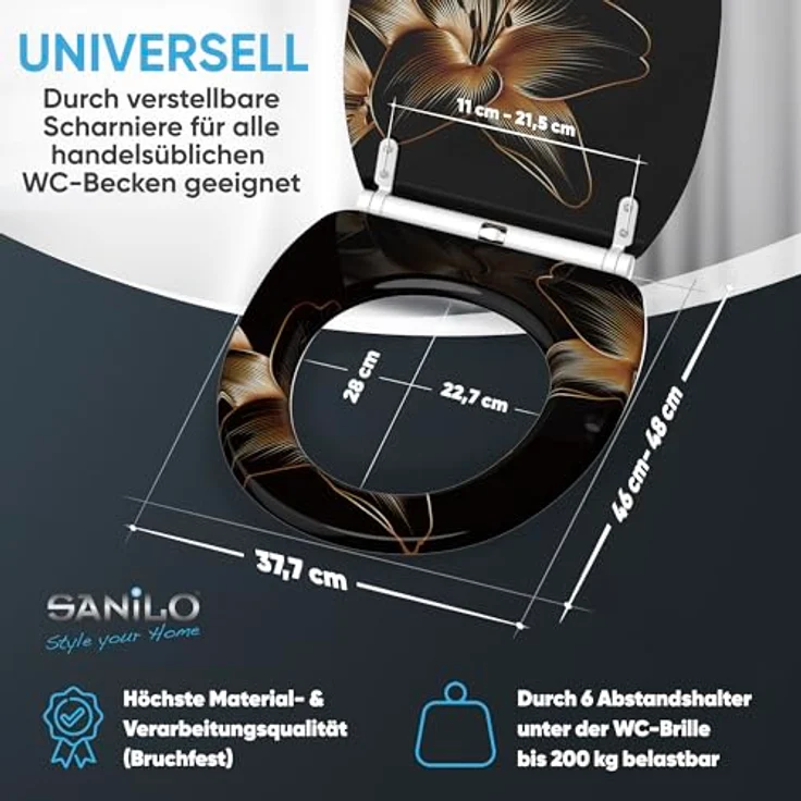Sanilo WC Sitz mit Absenkautomatik Top Fix Aurelia, bruchfestes Holz, universell passend für handelsübliche WCs, antibakterielle Beschichtung, 4-seitig bedruckt – Bild 5