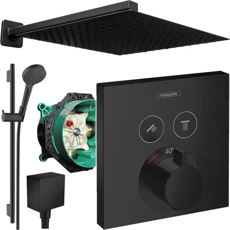 Hansgrohe ShowerSelect Unterputz Duschsystem mit Kopfbrause, Mattschwarz, Thermostat für 2 Verbraucher