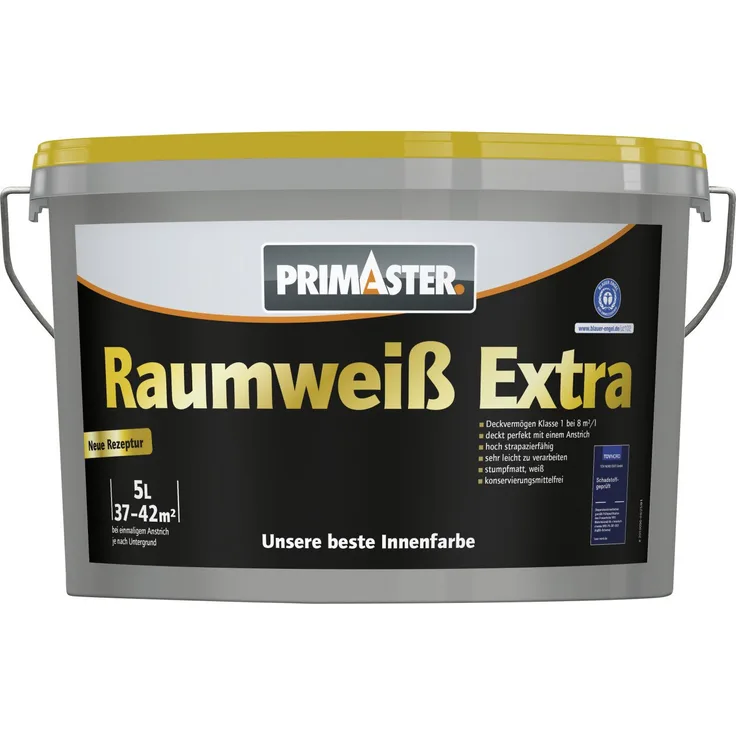 Primaster Raumweiß Extra, Wandfarbe matt weiß mit hoher Deckkraft, 5 L, konservierungsmittelfrei
