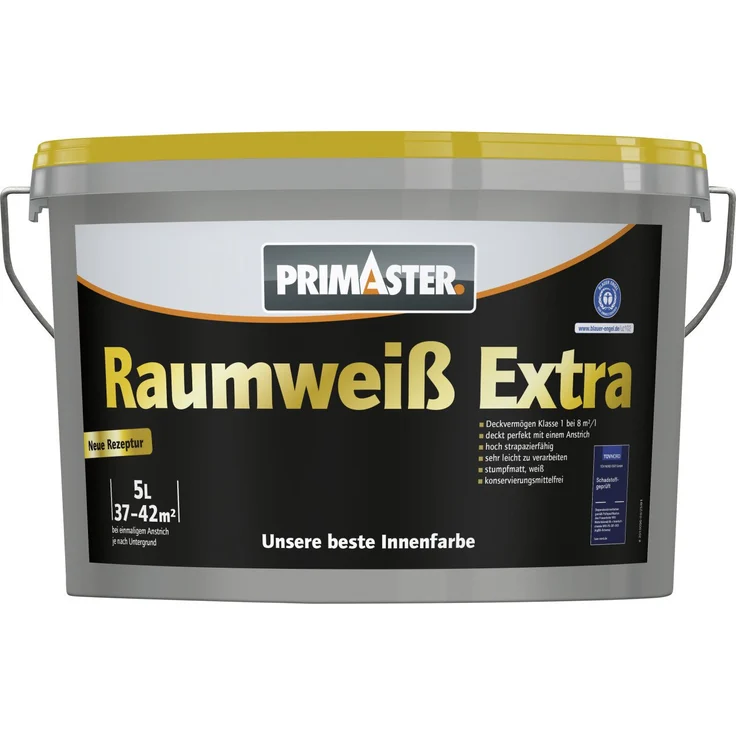 Primaster Raumweiß Extra, Wandfarbe matt weiß mit hoher Deckkraft, 5 L, konservierungsmittelfrei