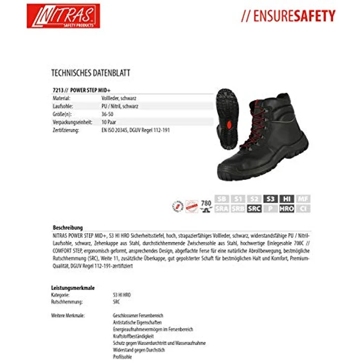 Nitras POWER STEP MID+ Sicherheitsschuhe, Sicherheitsstiefel S3 HRO SRC, schwarz, Größe 42, Volleder, durchtrittsicher, DGUV-zertifiziert – Bild 4