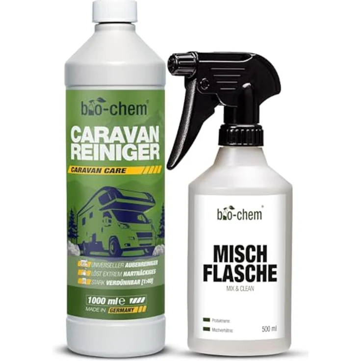 bio-chem Caravan- & Wohnmobilreiniger Konzentrat, extra stark, 1 l + 0.5 l Handspray-Mischflasche, entfernt Regenstreifen, Baumharz & Insektenrückstände – Bild 2