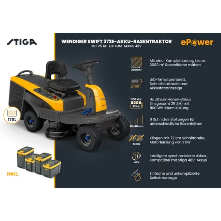 Stiga Akku-Rasentraktor Swift 372e, Schnittbreite 72cm, 48V, ePower Akku 25 AH, Bis zu 2000m2 Rasenfläche, 170 L Auffangbeutel – Bild 2