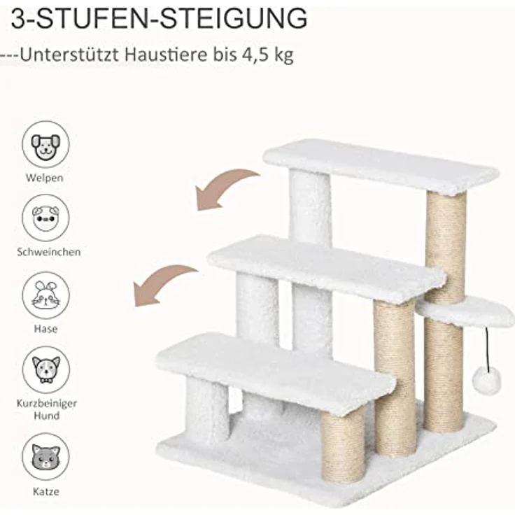Pawhut Haustiertreppe mit Kratzbaum Ball 3-stufige Katzentreppe Hundetreppe Tiertreppe Spanplatte Plüsch Jute Weiß 45 x 40 x 48 cm – Bild 4