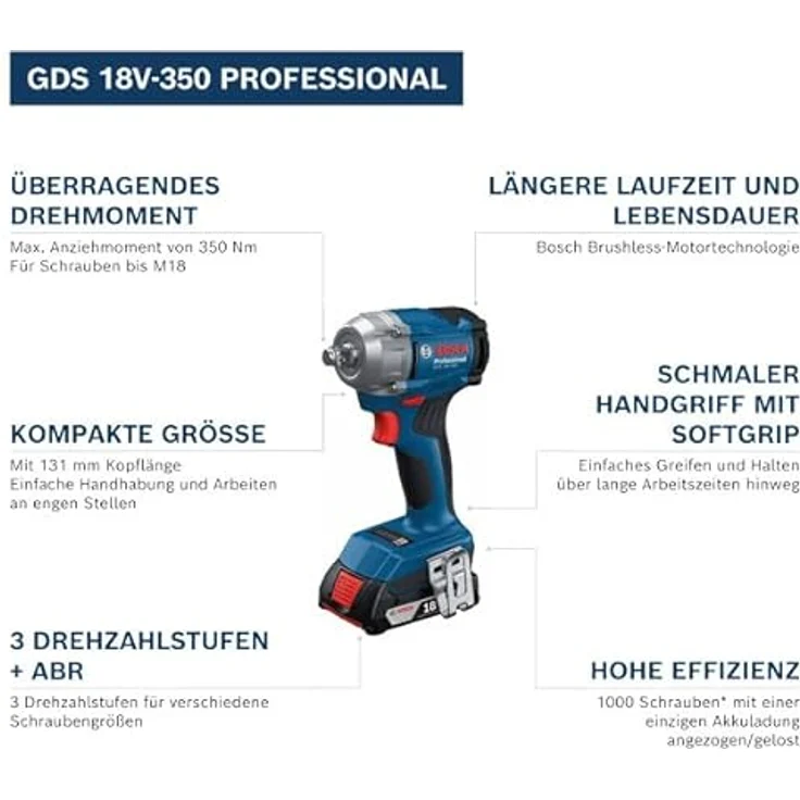 Bosch Professional GDS 18V-350 (L) Akku-Schlagschrauber, 350 Nm, 3 Geschwindigkeitsstufen, inkl. 2x 4.0Ah Akku und Ladegerät – Bild 2