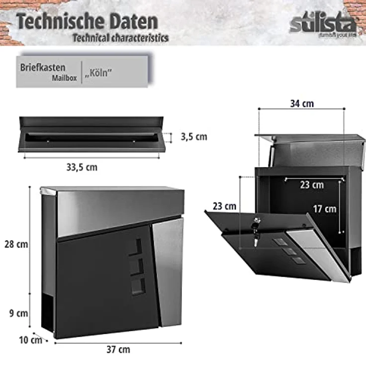 STILISTA Wandbriefkasten 370x370x110 Anthrazit-Edelstahl Köln – Bild 4