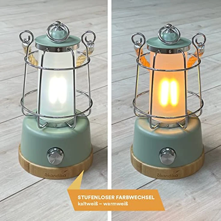 Skandika LED-Lampe Kiruna | Retro Outdoor Campinglampe mit Powerbank, stufenlos dimmbar, kabellos, Akku, aufladbar, USB, warm- und kaltweiß, 75h Leuchtzeit (Kiruna grün) – Bild 2