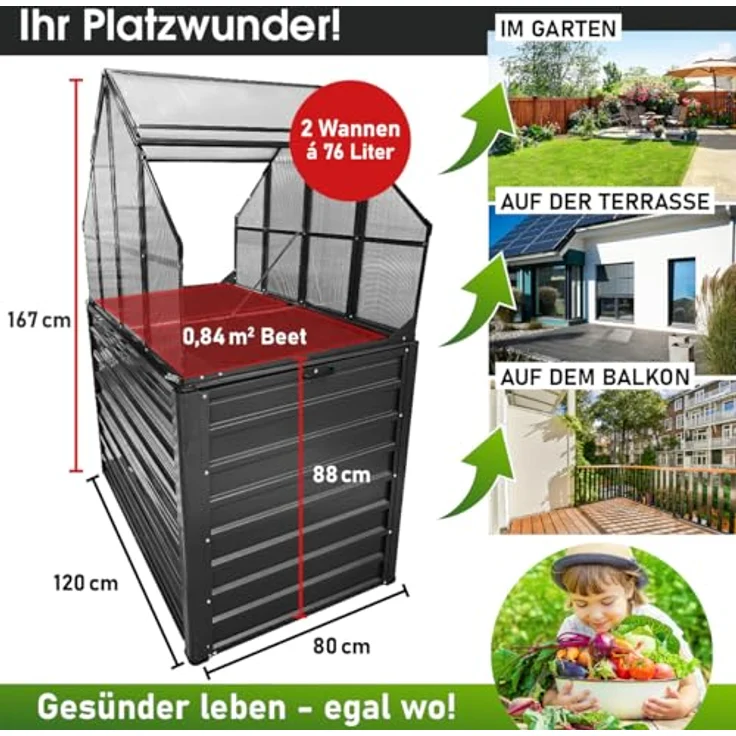 BRAST 2in1 Hochbeet mit Alu Gewächshaus-Aufsatz, wetterfestes Pflanzbeet mit integriertem Drainage-System, 2 Pflanzwannen, 120x80x167cm – Bild 5