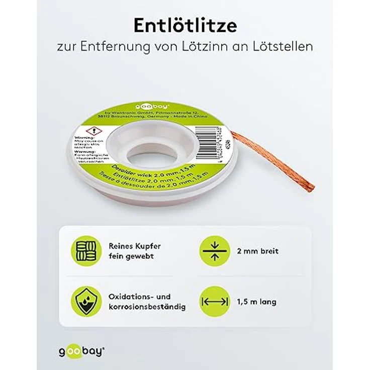 Goobay 45245 Entlötlitze 1mm reines Kupfer Entlötdraht zur Lötzinn Entfernung an Lötstellen Entlöten ideale Wärmeleitfähigkeit Lötlitze 1,5 m Spule – Bild 2