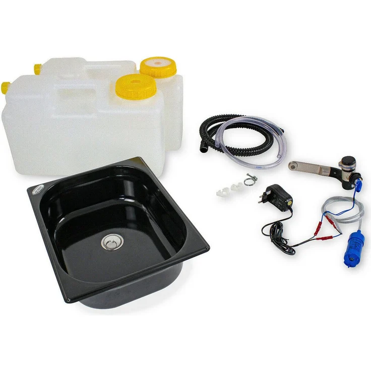 ad-ideen Waschbecken Camping Spüle Technikset 230V, Edelstahl, 325x265x100mm, Schwarz V3 mit Pumpe und Wasserhahn