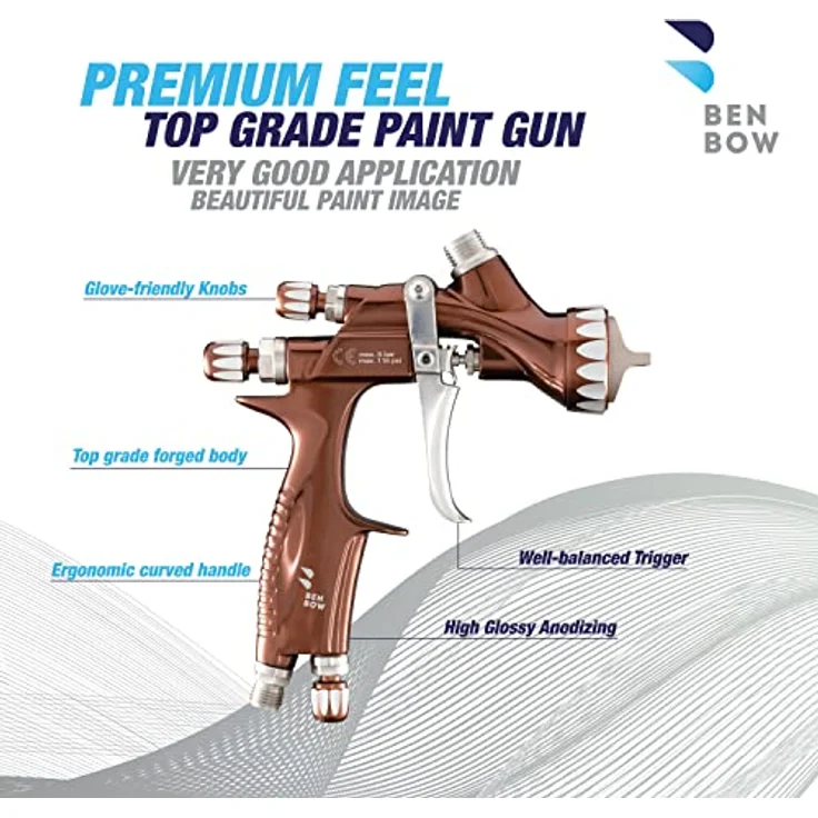 BenBow Profi Lackierpistole PK80 - MP, 1,3mm Düse - Spray Gun mit 600ml Fließbecher und Zubehör, HLVP-Technologie, Aluminiumgehäuse – Bild 2