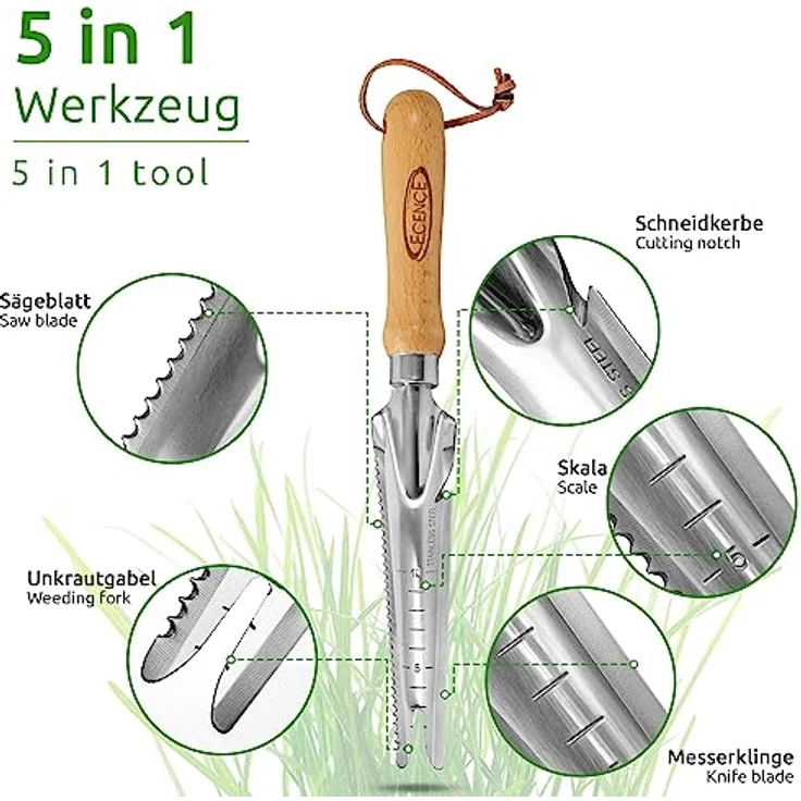 ECENCE 1x Unkrautstecher Edelstahl mit Pflanzfunktion Wurzeljäter mit Holzgriff Manueller Weeder zum Graben Jäten, Lösen Geschenk für Gärtner Gärtnerinnen 33,5cm – Bild 2