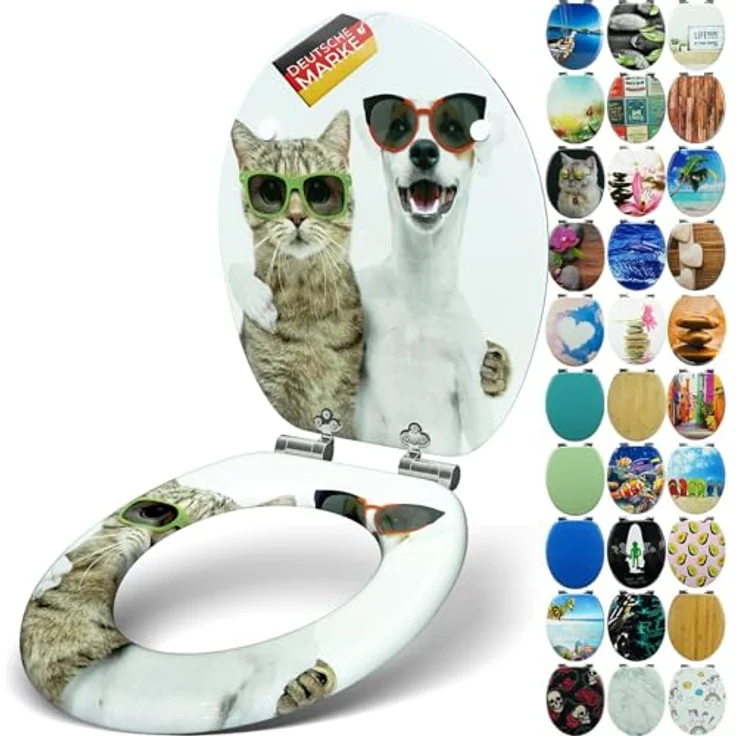 Sanfino WC Sitz Cat & Dog, Toilettendeckel mit Absenkautomatik aus Holz, weiß mit buntem Motiv, verchromte Metallscharniere – Bild 1
