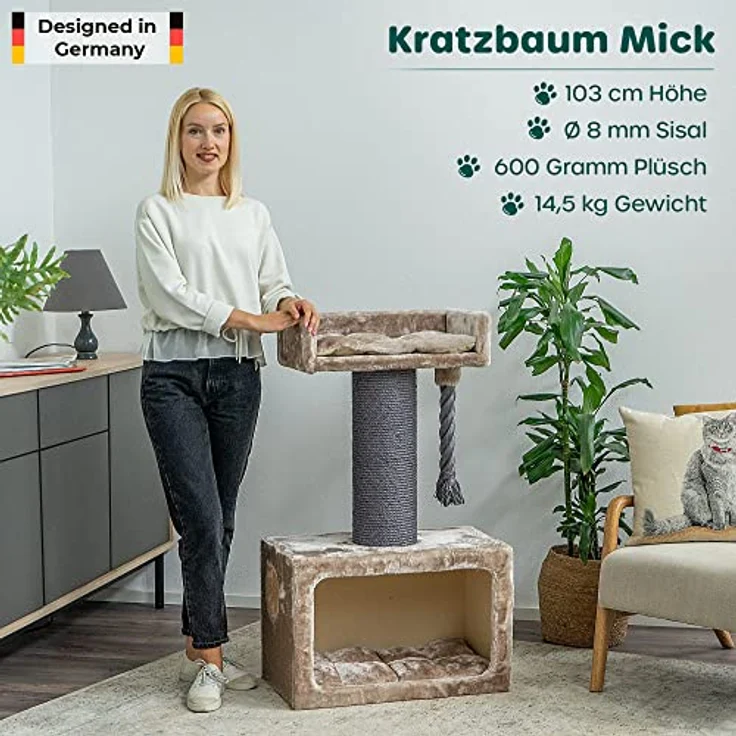 HAPPYPET Kratzbaum stabil 103 cm für große Katzen | Premium Qualität | 18 cm Sisalstämme mit 8 mm dickem Sisalseil | 600g Plüsch | Kratzbaum klein für schwere Main Coon | E1 Zertifiziert – Bild 2
