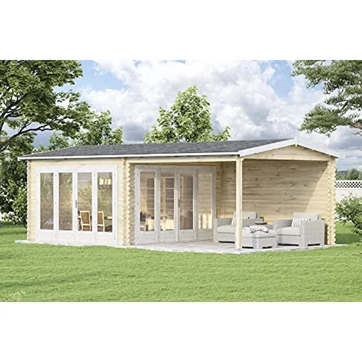 Alpholz Gartenhaus Freiburg-44 aus Massiv Holz, Freizeithaus, Blockhaus 44 mm Wandstärke, Garten Holzhaus Terrasse, Überdachung, Sitzecke Größe: 755 x 399 cm mit 2 Falttüren – Bild 3