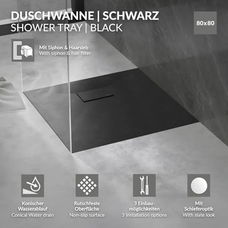 LuxeBath Duschwanne 80x80cm, quadratische Duschtasse mit rutschfester Oberfläche und Ablaufgarnitur, extra flach mit Siphon 30mm, Schwarz in Schiefer-Optik – Bild 2