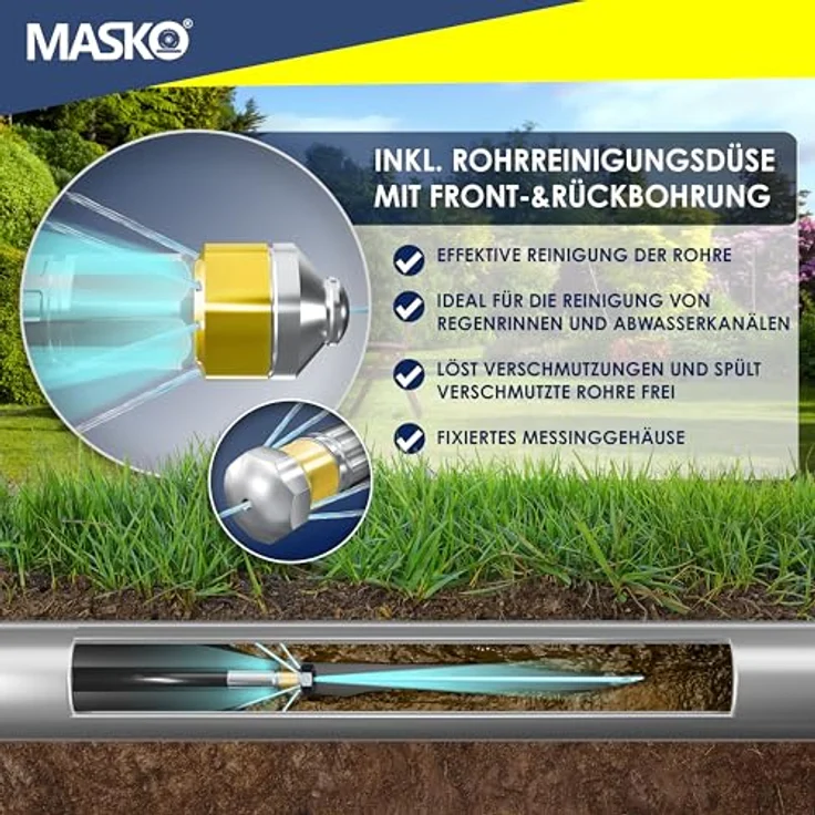 MASKO Premium Rohrreinigungsschlauch Set Abflussreiniger 200 bar inkl. Tasche 3 Adapter 2 Düsen + rotierend kompatibel mit Kärcher k2-k7 LAVOR Hochdruckreiniger universal Rohrreinigungsset 15m, Schwarz - Premium – Bild 7