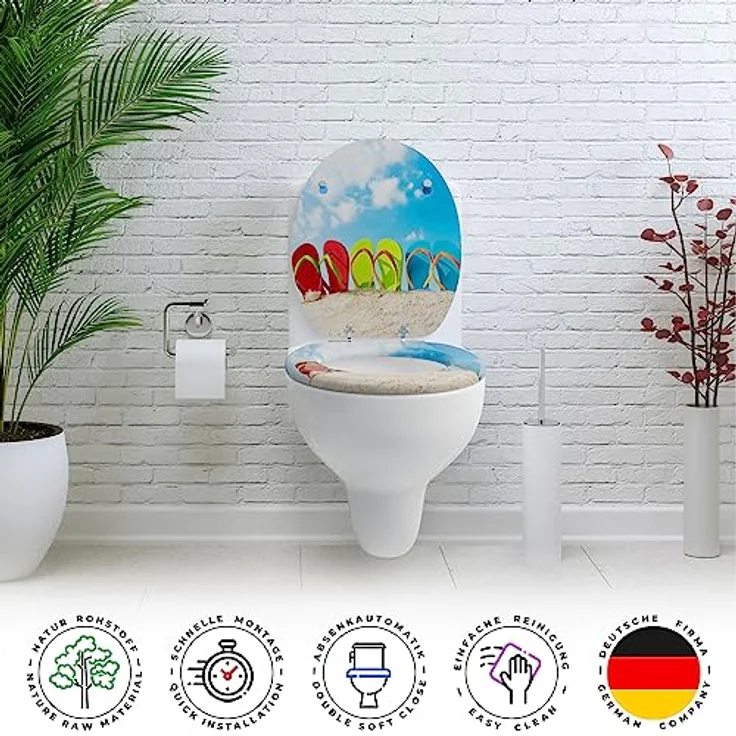 Sanfino WC Sitz Hearts, Toilettendeckel aus Holz mit Absenkautomatik, blau, verchromte Metallscharniere, einfache Montage – Bild 4
