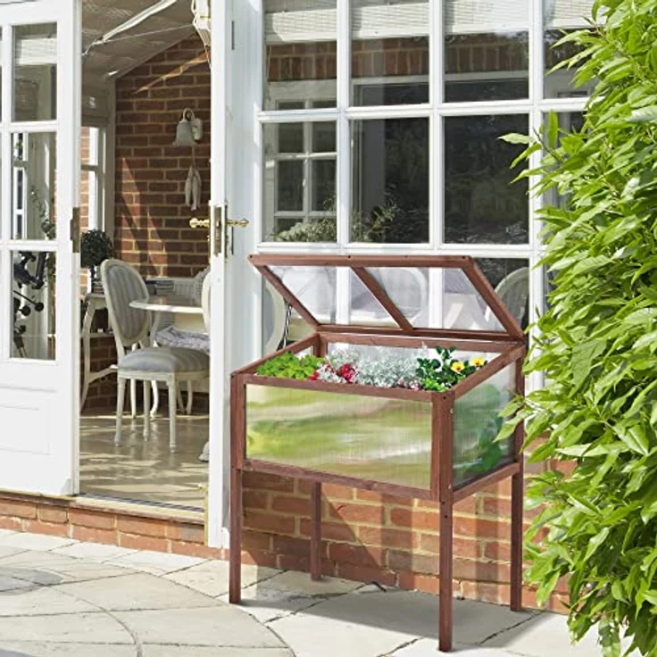 Outsunny Hochbeet aus Holz Frühbeet Gewächstisch Kräuterbeet Pflanzkasten für Garten, Balkon und Terrasse Braun Tannenholz PC-Platte 90 x 50 x 93 cm – Bild 2