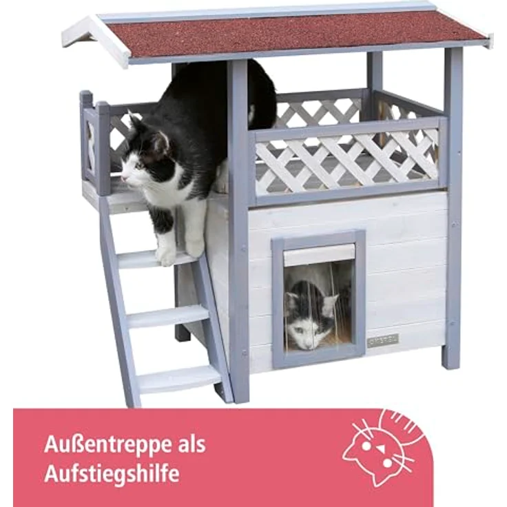 Kerbl Katzenhaus Lodge Ontario, 2-stöckig mit Schwingtüre und Bitumendach, wetterfest 77 cm x 50 cm x 73 cm – Bild 3