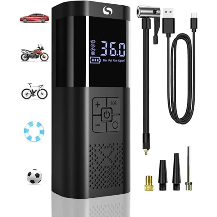 SERVOMASTER Elektrische Luftpumpe, Tragbarer Akku Kompressor mit Manometer, LED Licht und Digitalem Display, 4+N Modi, Kompakt und Leicht