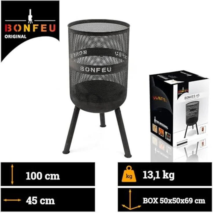 BonFeu Bonves Ø45cm Schwarz, Feuerkorb aus stabilem Stahl mit Grillrost & Schürhaken, hitzebeständig und langlebig, für Garten und Kochen – Bild 2