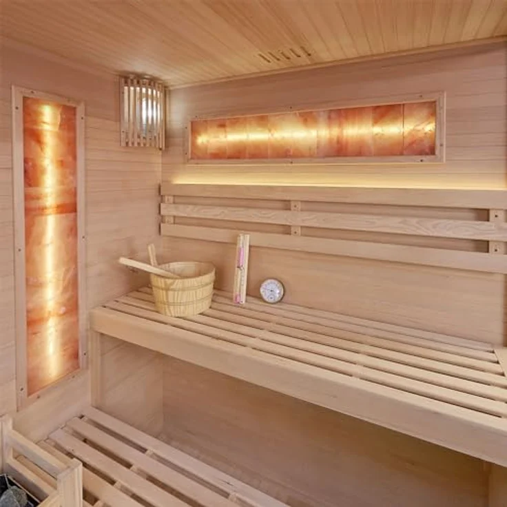 Artsauna Sauna Vantaa 150, BxTxH: 150 x 140 x 190 cm, 5 mm, 2 große Salzsteine, Ambientebeleuchtung, Schwarz/Natur, 3 Personen, 4,5 kW Ofen mit Saunasteinen – Bild 10