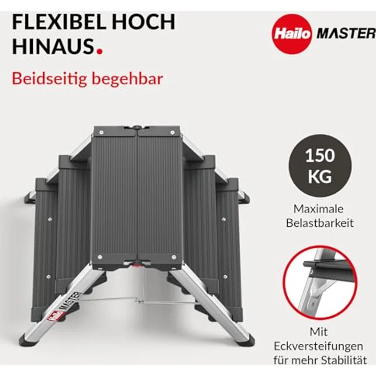 Hailo Master D70 Aluminium Doppelstufen-Trittleiter, beidseitig begehbar, rutschhemmende Stufen, gummierte Füße, 2 x 3 Stufen, EN 14183 geprüft, belastbar bis 150 kg – Bild 2