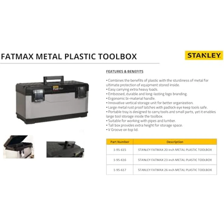 Stanley FatMax Werkzeugkoffer - Werkzeugbox (20'', 50x29x30cm, Trage mit Bi-Material Griff, robuste Box aus Metall-Kunststoff mit rostfreien Schließen, Koffer mit Aussparung) 1-95-615 – Bild 2