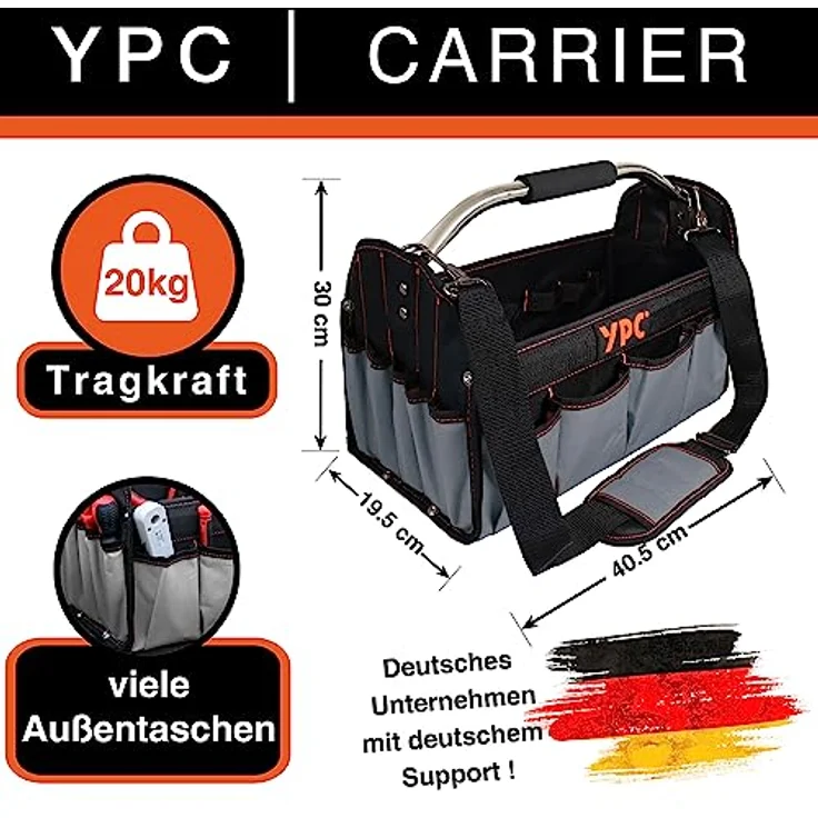 YPC Carrier Werkzeugkorb XL – Tragbare Werkzeugtasche, wasserfest & reißfest mit stabilem Boden, Schultergurt mit Polster & Metall-Handgriff, Grau-Schwarz, 40,5x30x19,5cm, 20 kg Tragkraft – Bild 3