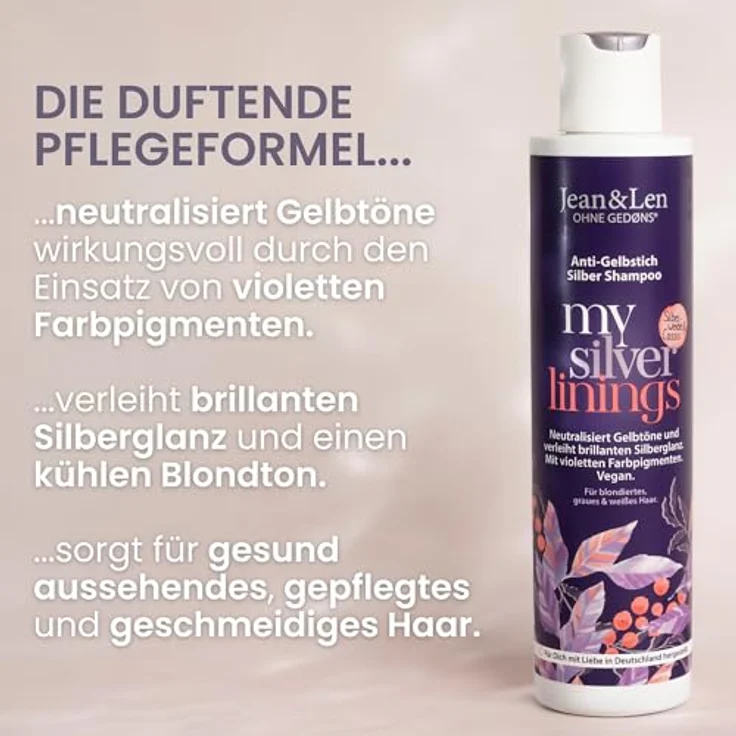 Jean & Len Silbershampoo Silberweide & Cassis, vegane Pflegeformel für graues, blondes, blondiertes & weißes Haar, mit violetten Pigmenten und Anti-Gelbstich-Effekt, 300 ml – Bild 5