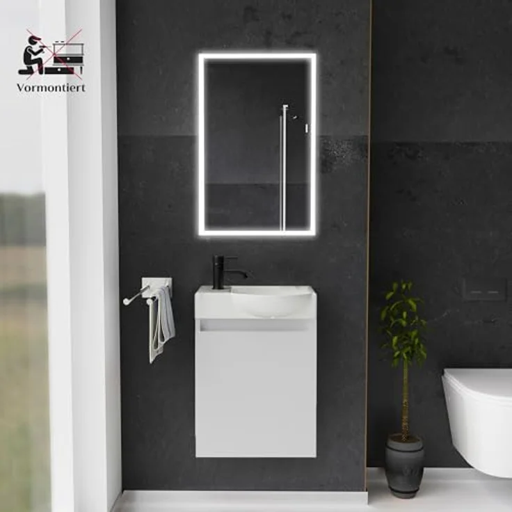 Alpenberger Waschbecken Gäste WC Waschbecken mit Unterschrank, Softclose-Funktion, 45 cm Breite, Weiss - Hängeschrank Vormontiert – Bild 3
