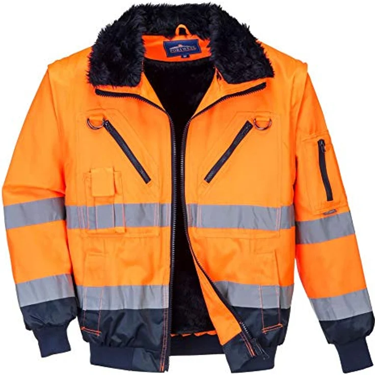 Portwest PJ50 Hi-Vis 3-in-1 Kontrast Pilotjacke, Wasserabweisend mit abnehmbarem Pelzfutter, EN ISO 20471 Class 3, Schwarz/Neonorange – Bild 2