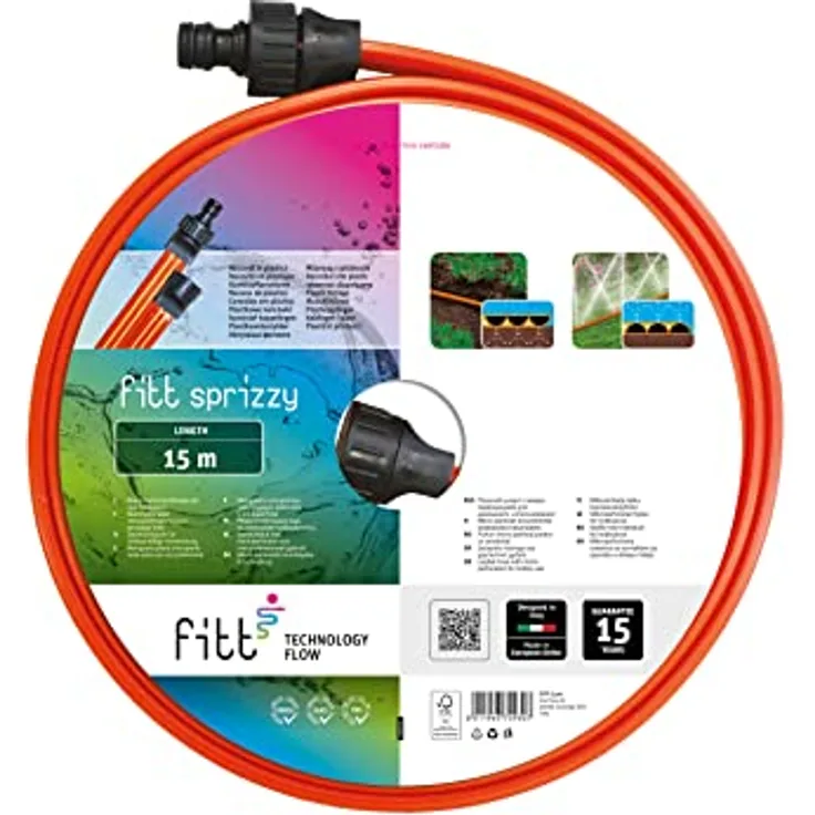 FITT SPRIZZY 15 m - 3-Wege-Sprühschlauch mit Mikrolöchern, ideal für die Sprühberegnung und Imprägnation von schmalen, länglichen Flächen wie Beeten und Gartenbordüren, geeignet für den Hobbygebrauch