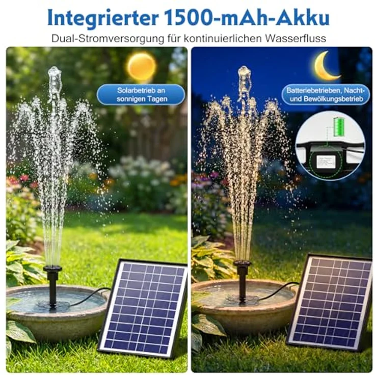 AISITIN 6,5W Solar Springbrunnen mit 1500mAh Batterie, schwimmende Fontäne mit 10 Düsen für Garten, Vogelbad und Teich – Bild 2