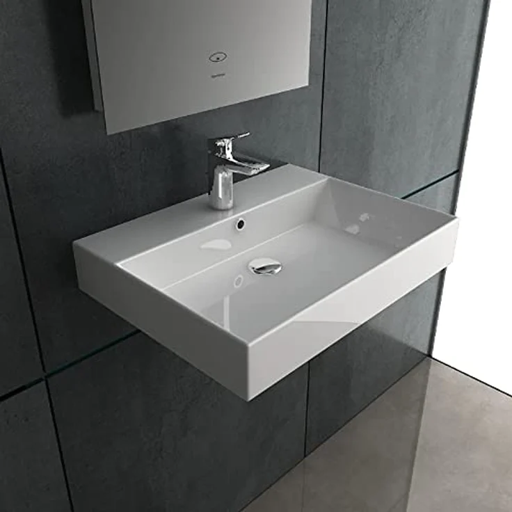 Alpenberger Aufsatzwaschbecken 60 cm Breit für Badezimmer | Keramik Handwaschbecken mit Überlauf | Waschtisch als Aufsatzwaschbecken oder Wandaufhängung | Waschbecken Klein & Eckig für Gäste WC – Bild 2