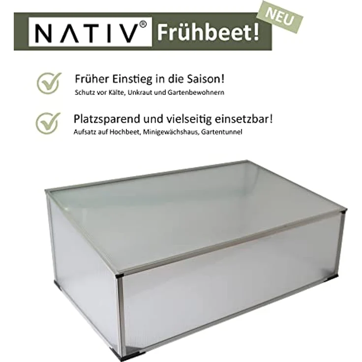 NATIV Frühbeet aus 1 mm dicken Aluminium, Hochbeet Abdeckung mit arretierbarem Dach, Frühbeetkasten mit Polycarbonatplatten, Frühbeetaufsatz für Hochbeet 100 x 60 cm, Mini Gewächshaus – Bild 4