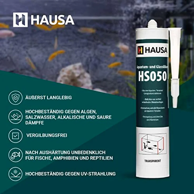 HAUSA Aquarium-Silikon Glas-Silikon HS050 transparent 5x 310ml Silikon-Kleber & Dichtstoff für Aquarien Terrarien Glaskonstruktionen schnelle Aushärtung, süß- meerwasserbeständig, fischsicher – Bild 2