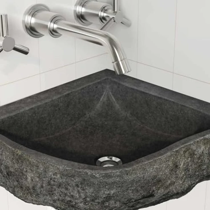 vidaXL Waschbecken Wandhängende Ecke Waschschüssel aus Flussstein, Grau, 37 x 37 x 12 cm – Bild 3