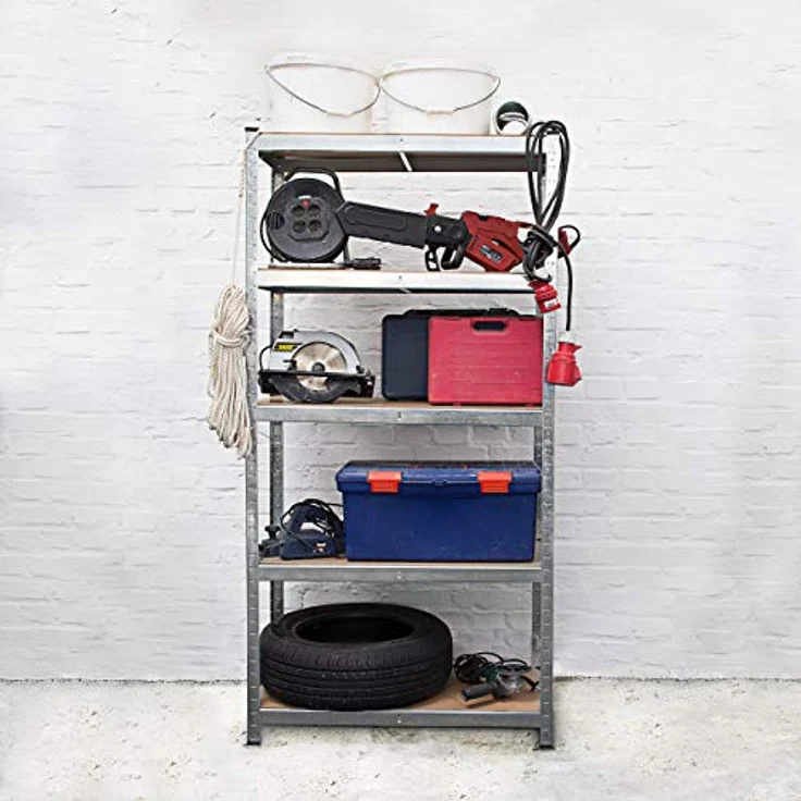 Relaxdays Schwerlastregal, HxBxT: 179 x 90 x 41 cm, verzinkter Stahl, Traglast 875 kg, Stecksystem, mit Werkbank, silber – Bild 3