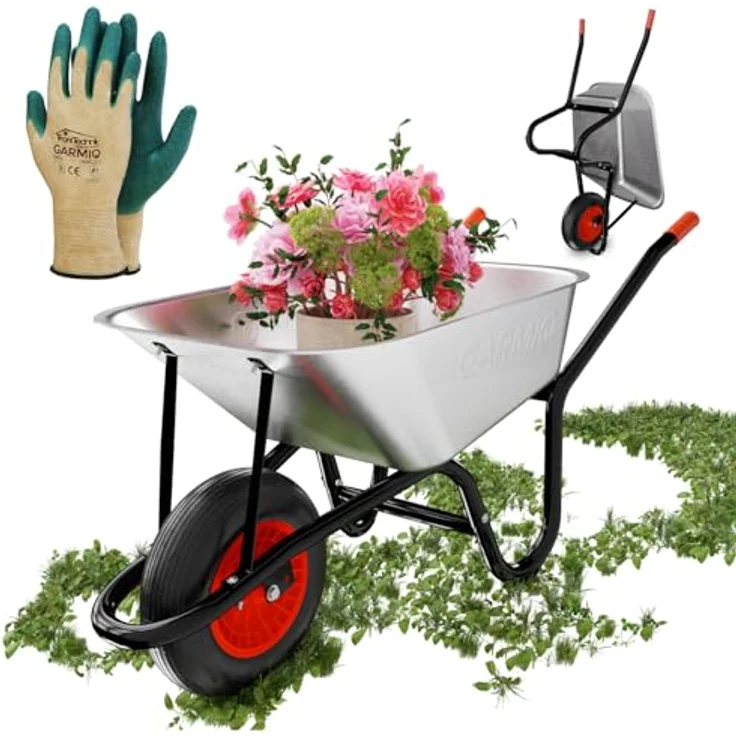 GARMIO Schubkarre, verzinkte Bauschubkarre 85 Liter, 5 Kubik Fassungsvermögen, Gummireifen 16 Zoll, Gartenkarre bis 160 kg, Silber – Bild 2