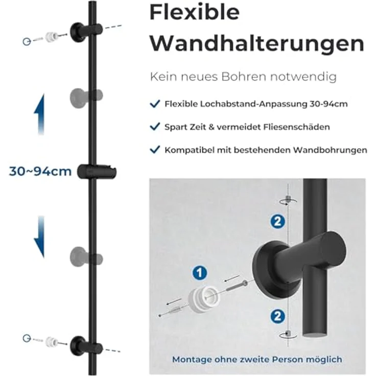 Görbach Duschset Edelstahl Duschstange mit Duschkopfhalterung, 100cm schwarz, feuchtigkeits- und rostbeständig, flexible Montage, höhenverstellbar – Bild 3