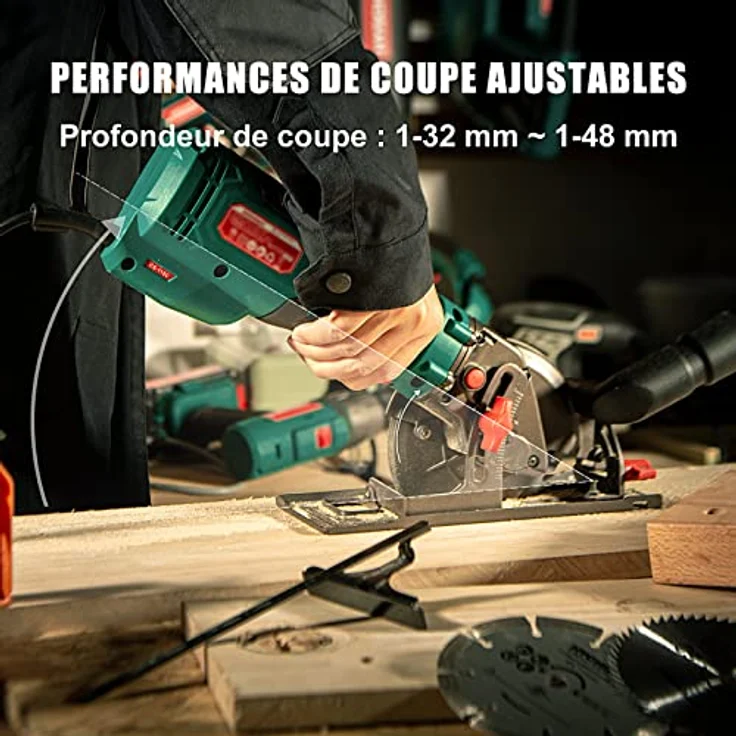 Kreissäge 750 W, HYCHIKA 3500 U/min, max. Schnitttiefe 48 mm (90°) und 32 mm (45°), Motor aus reinem Kupferdraht, Mini-Kreissäge zum Schneiden von Fliesen, Metall und Holz – Bild 4