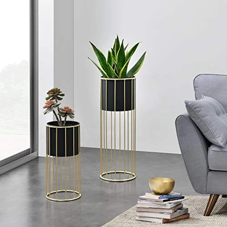 en.casa Blumenständer (Set, 2er), »Mortsel« Pflanzenständer 2er Set Metall Schwarz/Goldfarben - Zeitloses und dekoratives Design – Bild 8
