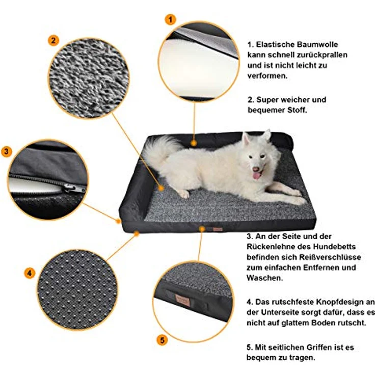RAIKOU Weiches Hundebett, Hundekissen mit kuscheligem Plüsch, gepolstertes waschbares Haustierbett Hundesofa Hundekorb（Grau Melange, 80x60x7cm, Hundekissen, 30x25cm） – Bild 5
