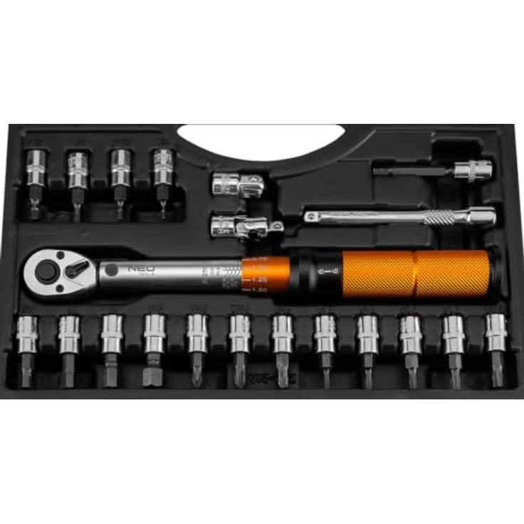 NEO TOOLS Drehmomentschlüssel 1/4 Zoll Set, 21-teilig mit 5-25 Nm Drehmomentbereich, Bits, Verlängerung und Adapter – Bild 3